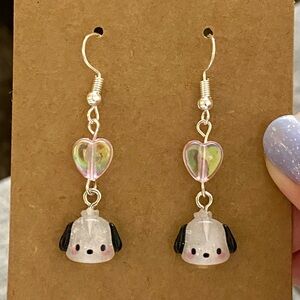 Sanrio Pochacco Heart Earrings, Drop Earrings, Dangle, Acrylic, Glitter